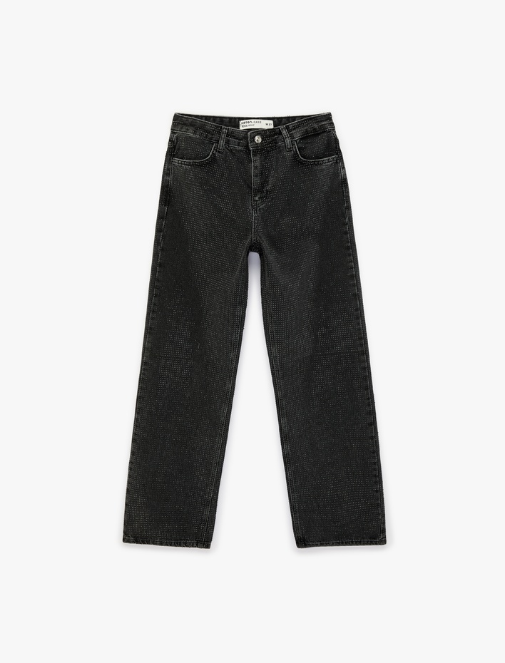  Düz Paça Normal Bel Taş Detaylı Pamuklu Denim Pantolon - Straight Fit Jean