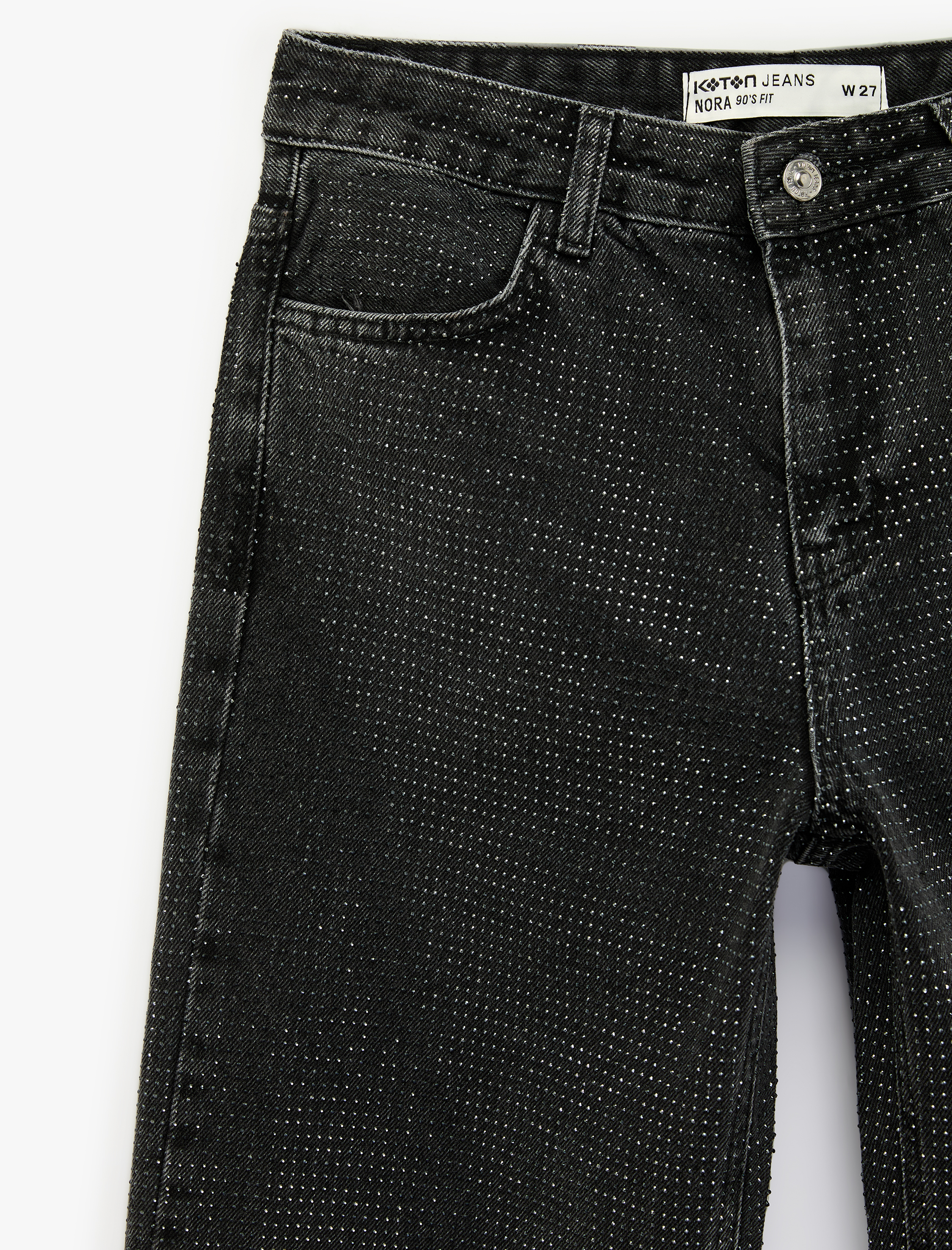   Düz Paça Normal Bel Taş Detaylı Pamuklu Denim Pantolon - Straight Fit Jean