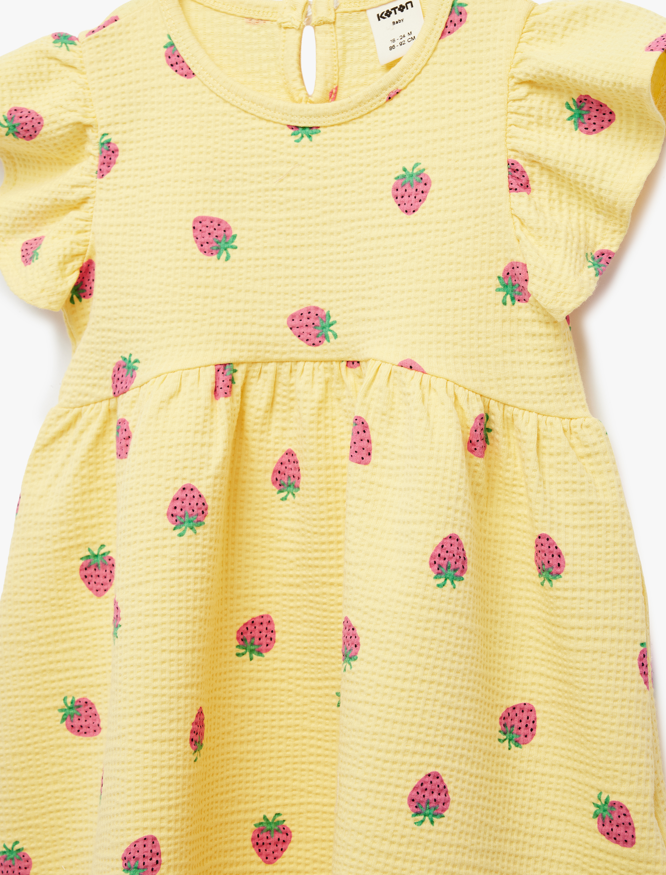  Kız Bebek Kısa Kollu Bisiklet Yaka Çilek Baskılı Pamuklu Elbise