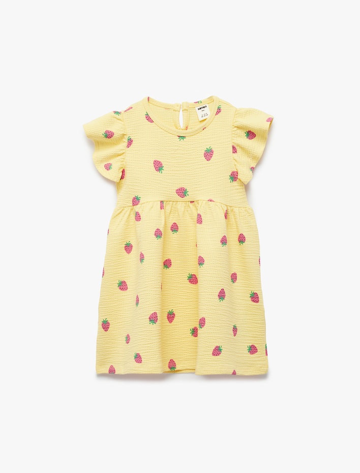 Kız Bebek Kısa Kollu Bisiklet Yaka Çilek Baskılı Pamuklu Elbise