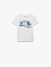 Pamuklu Kısa Kollu Bisiklet Yaka Baskılı Tişört