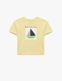 Pamuklu Kısa Kollu Bisiklet Yaka Baskılı Tişört