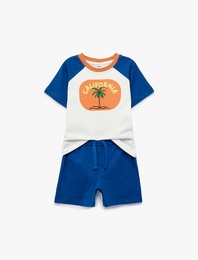Baskılı Kısa Kollu Bisiklet Yaka Pamuklu Tişört ve Şort Takımı - 2'li Set