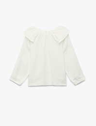 Uzun Kollu  Fırfır Detaylı Bisiklet Yaka Pamuklu Bluz