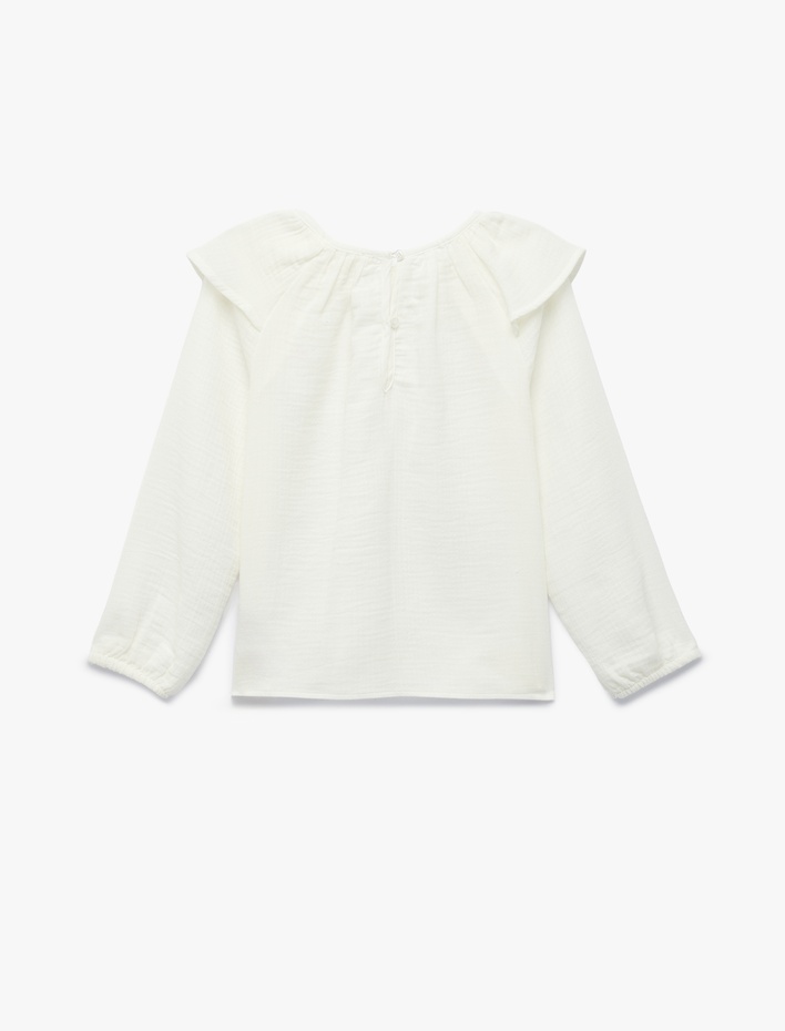 Kız Çocuk Uzun Kollu  Fırfır Detaylı Bisiklet Yaka Pamuklu Bluz