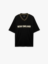 Kısa Kollu V Yaka Baskılı Oversize Spor Tişört