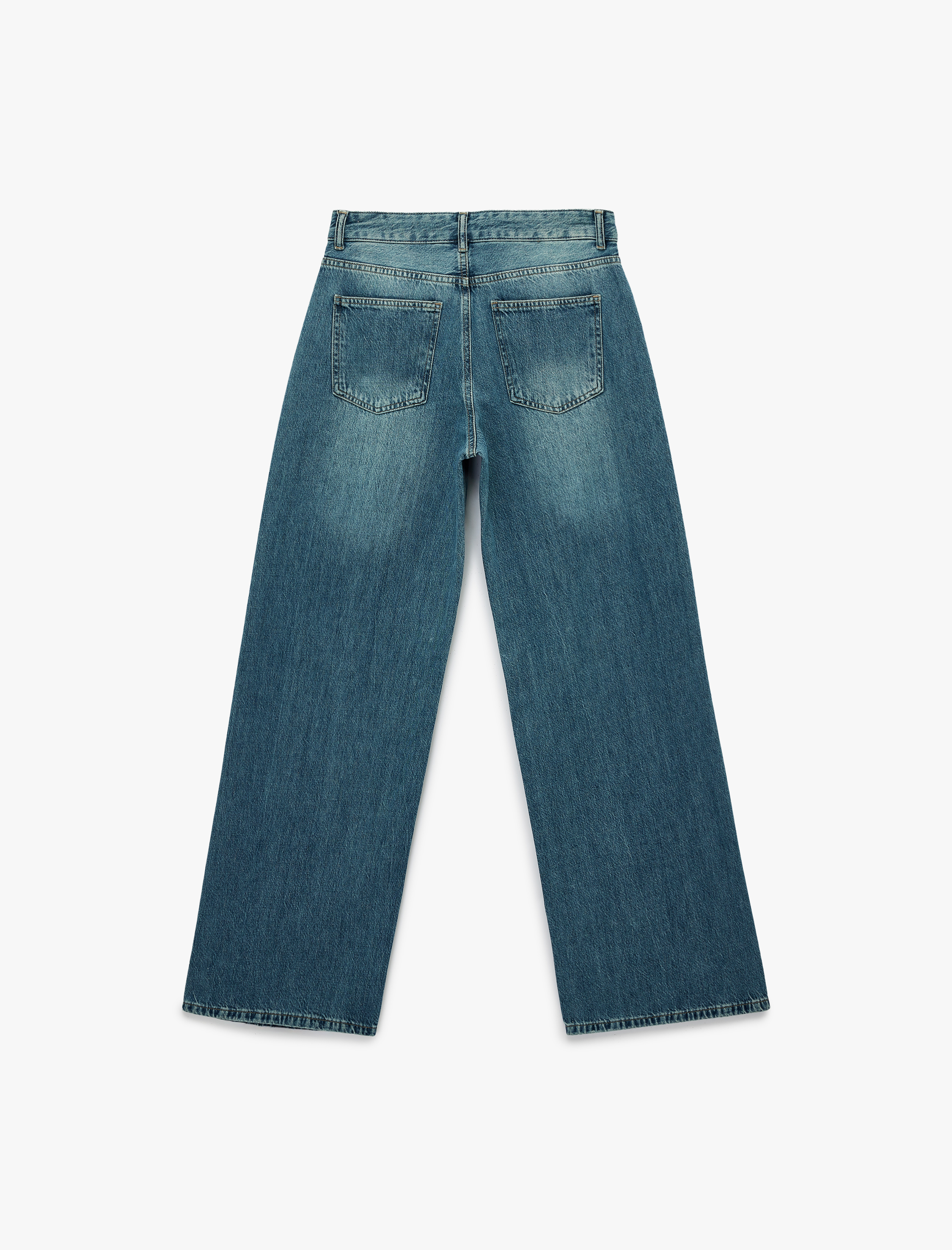   Düğmeli Cep Detaylı Normal Bel Bol Kalıp Denim Pantolon - Loose Straight Fit Jean