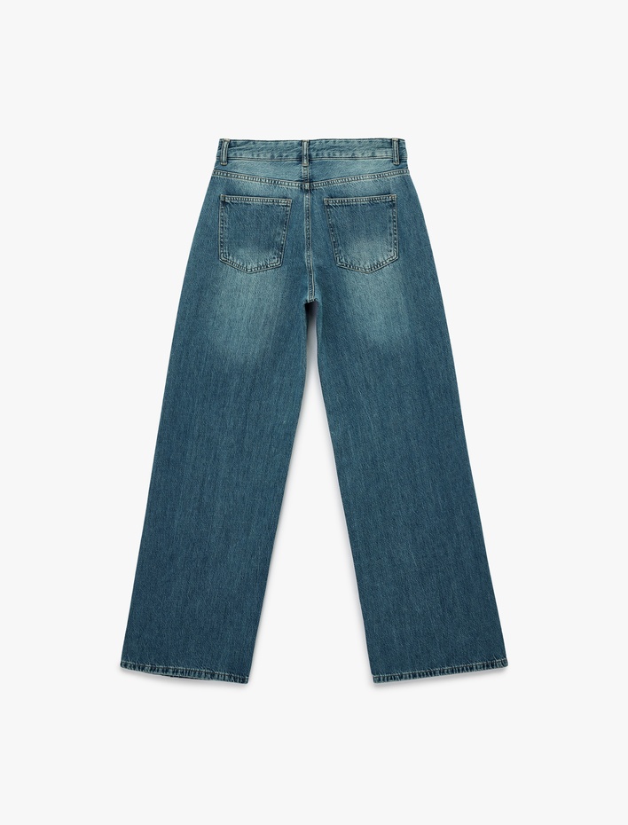  Düğmeli Cep Detaylı Normal Bel Bol Kalıp Denim Pantolon - Loose Straight Fit Jean
