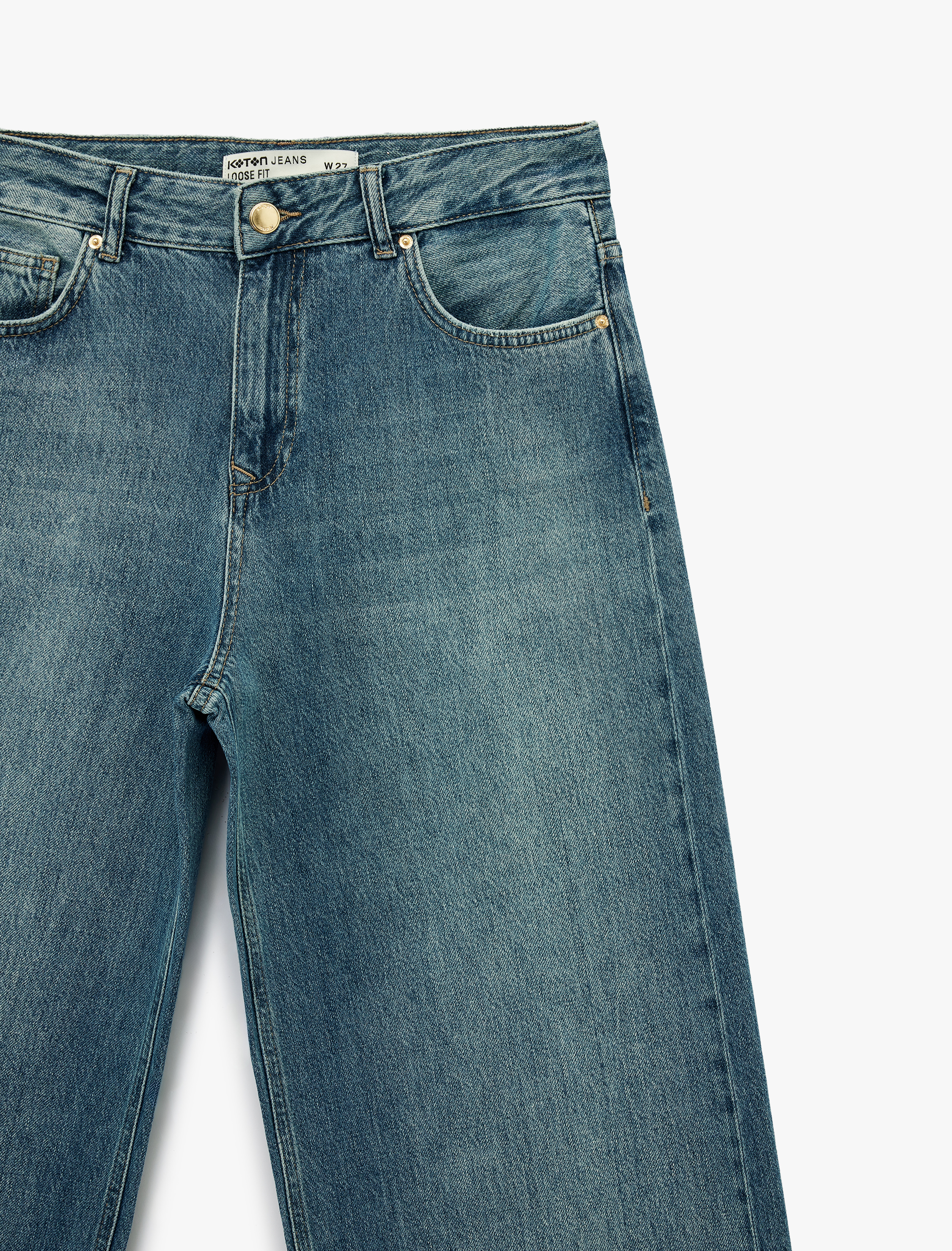   Düğmeli Cep Detaylı Normal Bel Bol Kalıp Denim Pantolon - Loose Straight Fit Jean