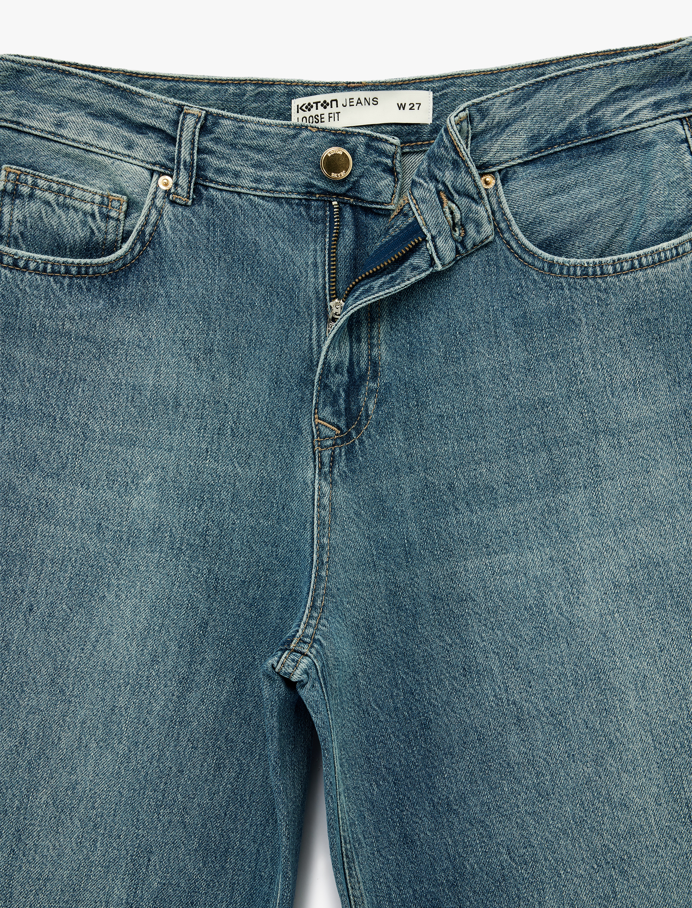   Düğmeli Cep Detaylı Normal Bel Bol Kalıp Denim Pantolon - Loose Straight Fit Jean