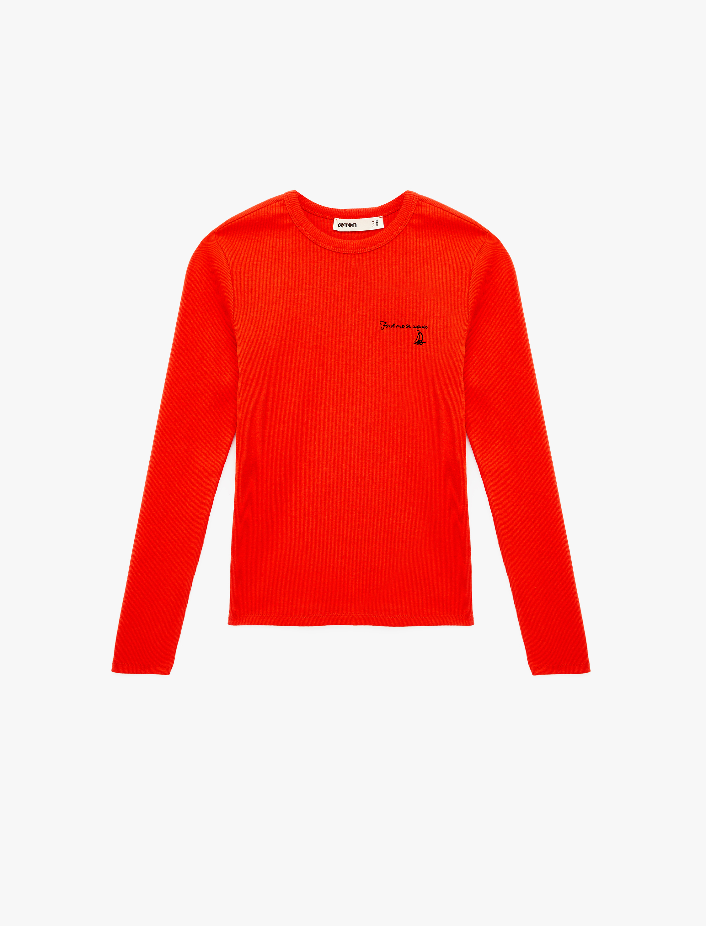   Pamuklu Slim Fit İşleme Detaylı Uzun Kollu Bisiklet Yaka Fitilli Tişört