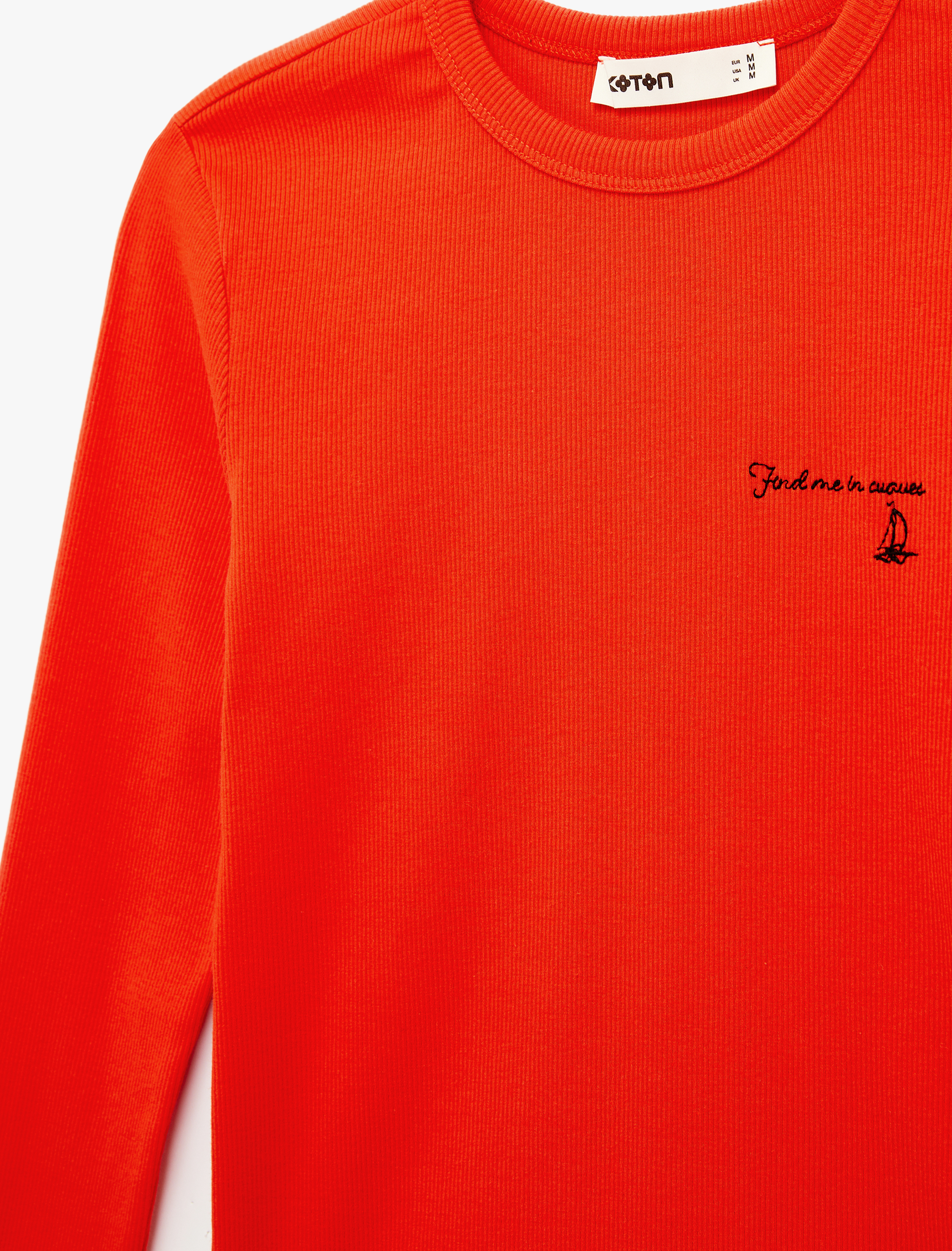   Pamuklu Slim Fit İşleme Detaylı Uzun Kollu Bisiklet Yaka Fitilli Tişört