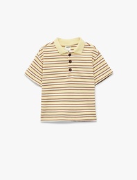 Pamuklu Düğmeli Kısa Kollu Oversize Çizgili Polo Yaka Tişört