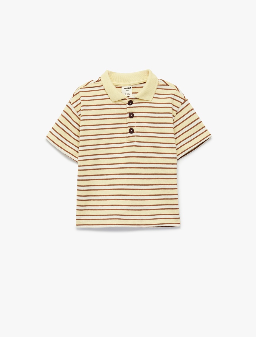 Koton Erkek Bebek Pamuklu Düğmeli Kısa Kollu Oversize Çizgili Polo Yaka T-Shirt
