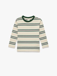 Pamuklu Uzun Kollu Bisiklet Yaka Çizgili Tişört