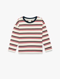 Pamuklu Uzun Kollu Bisiklet Yaka Çizgili Tişört