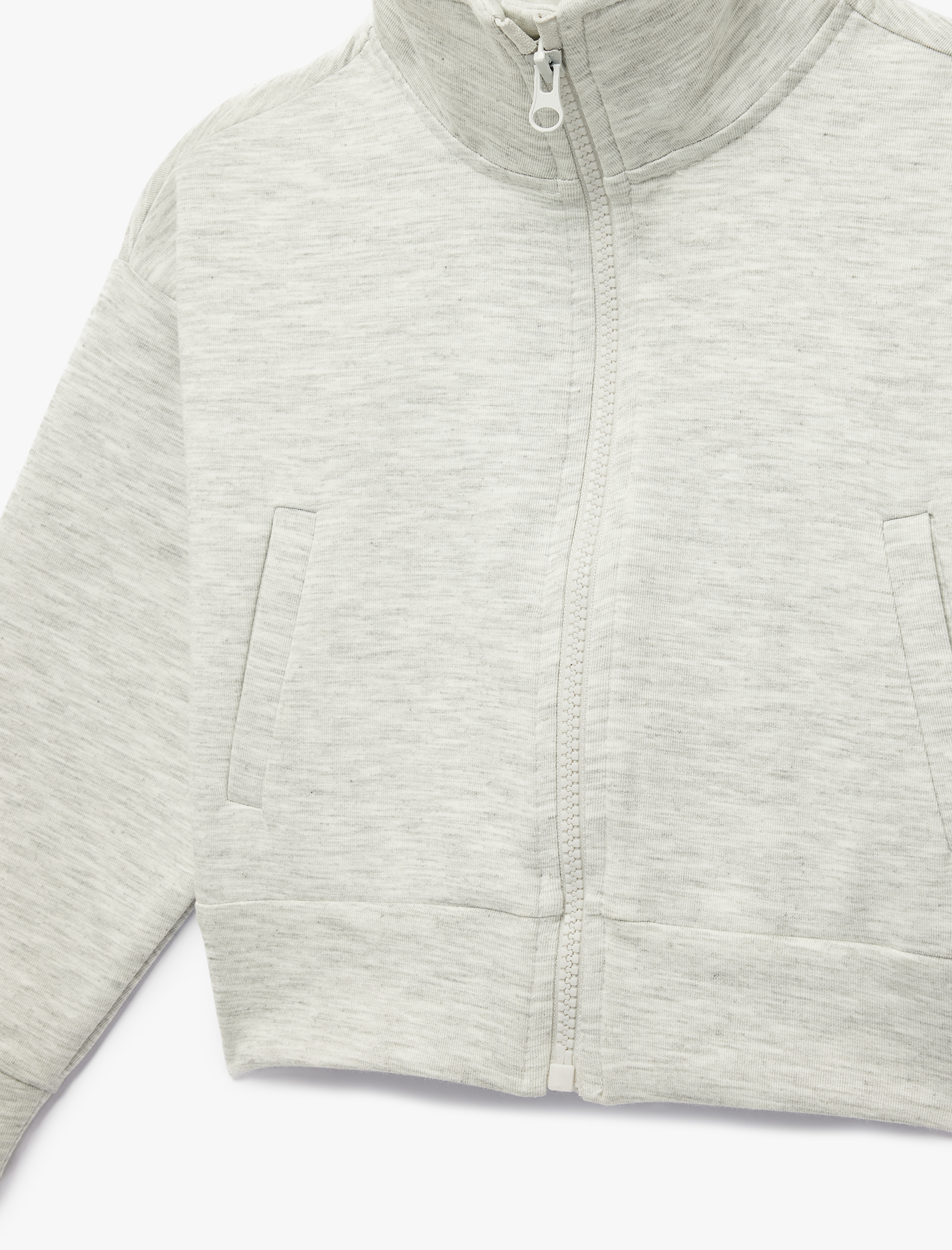  Kız Çocuk Dik Yaka Cep Detaylı Uzun Kollu Crop Fermuarlı Sweatshirt