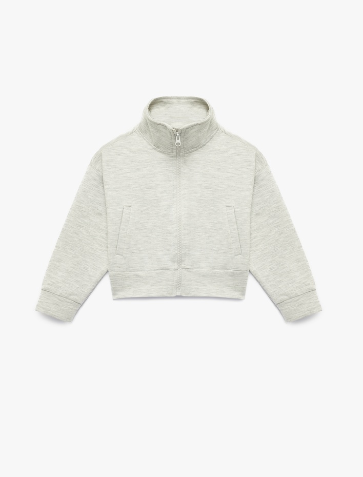 Kız Çocuk Dik Yaka Cep Detaylı Uzun Kollu Crop Fermuarlı Sweatshirt