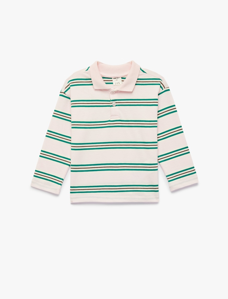 Koton Kız Bebek Pamuklu Uzun Kollu Çizgili Polo Yaka T-Shirt
