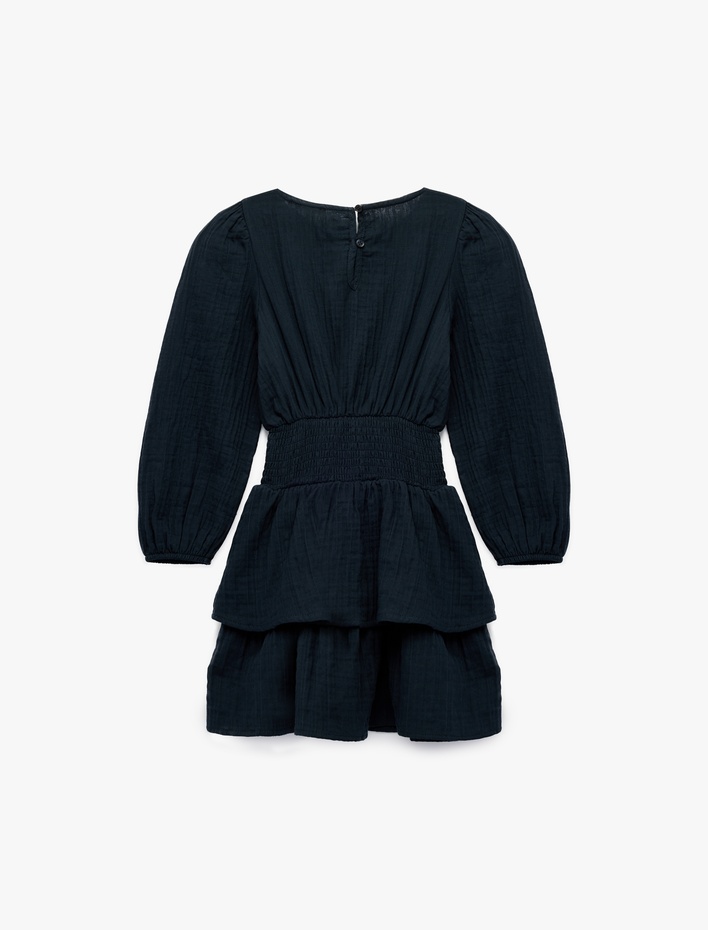 Kız Çocuk Gipeli Uzun Kollu Bisiklet Yaka Pamuklu Müslin Elbise