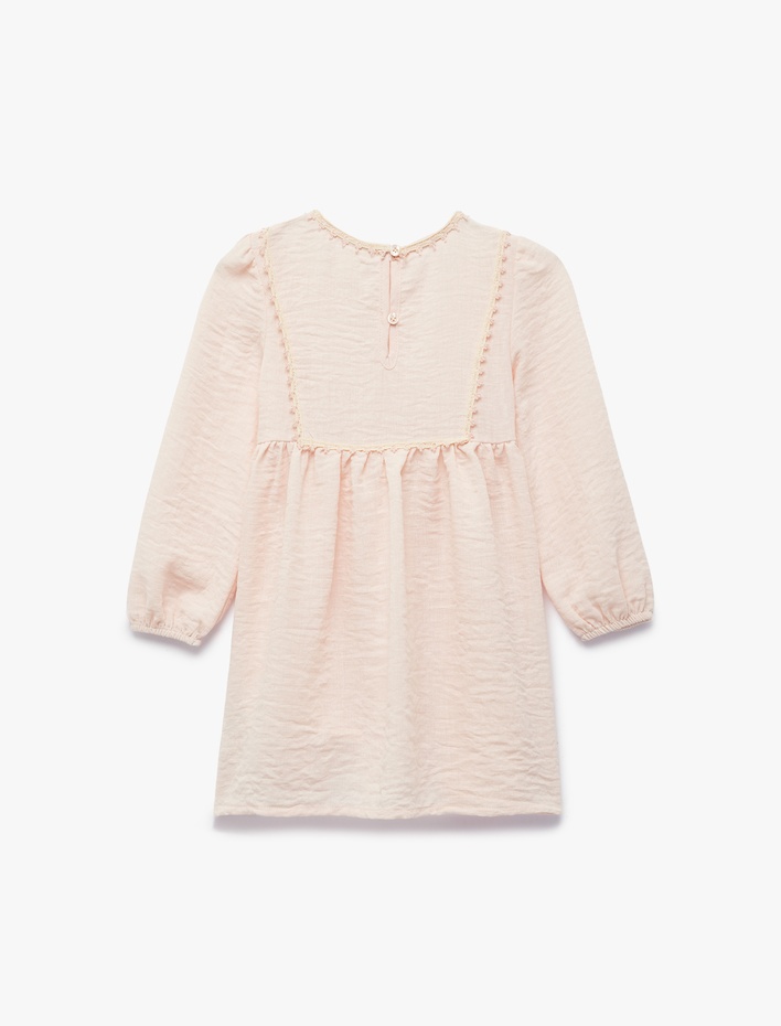 Kız Bebek Uzun Kollu Dantel Detaylı Pileli Bebe Yaka Elbise