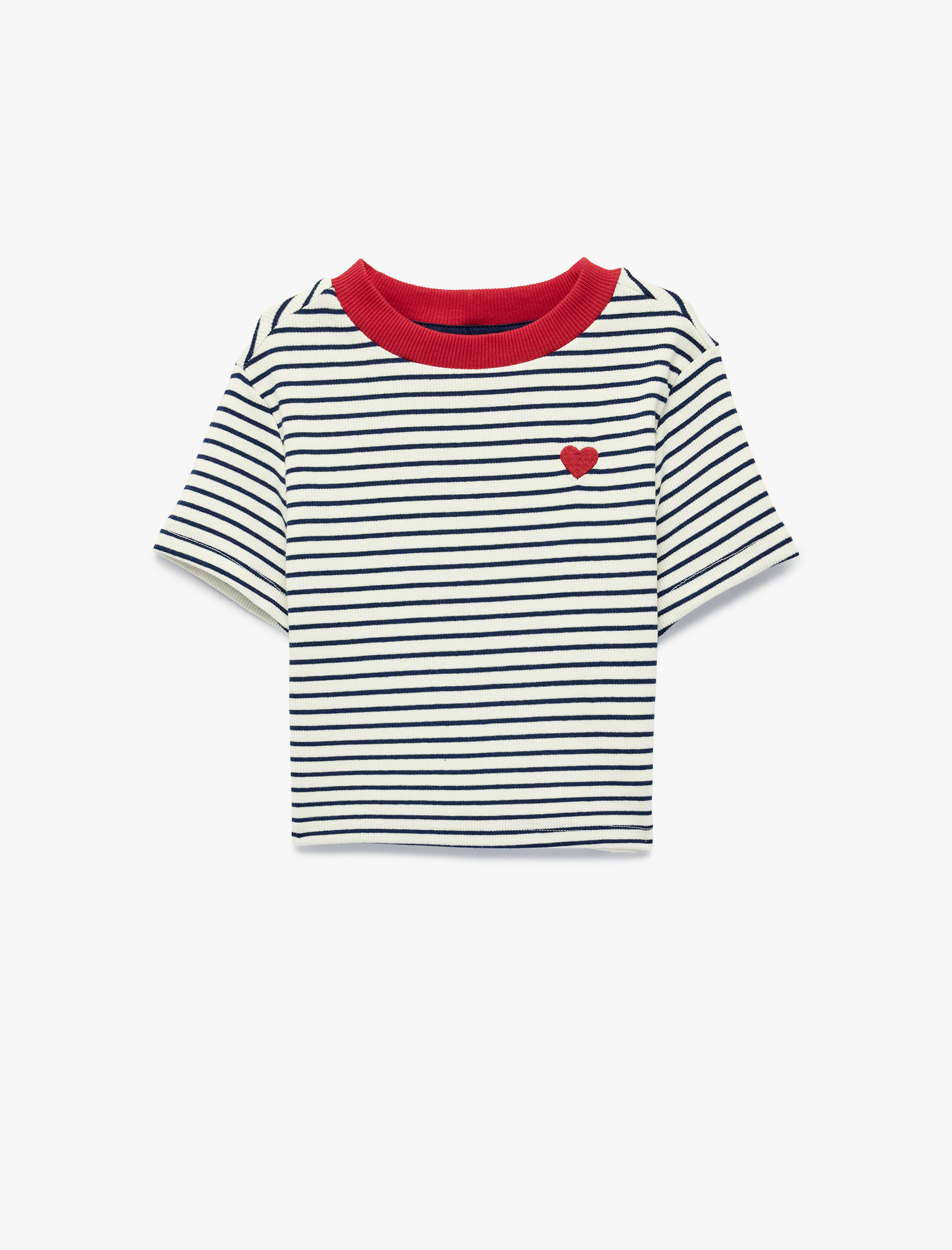  Kız Çocuk Pamuklu Kalp Nakışlı Kısa Kollu Bisiklet Yaka Çizgili Tişört