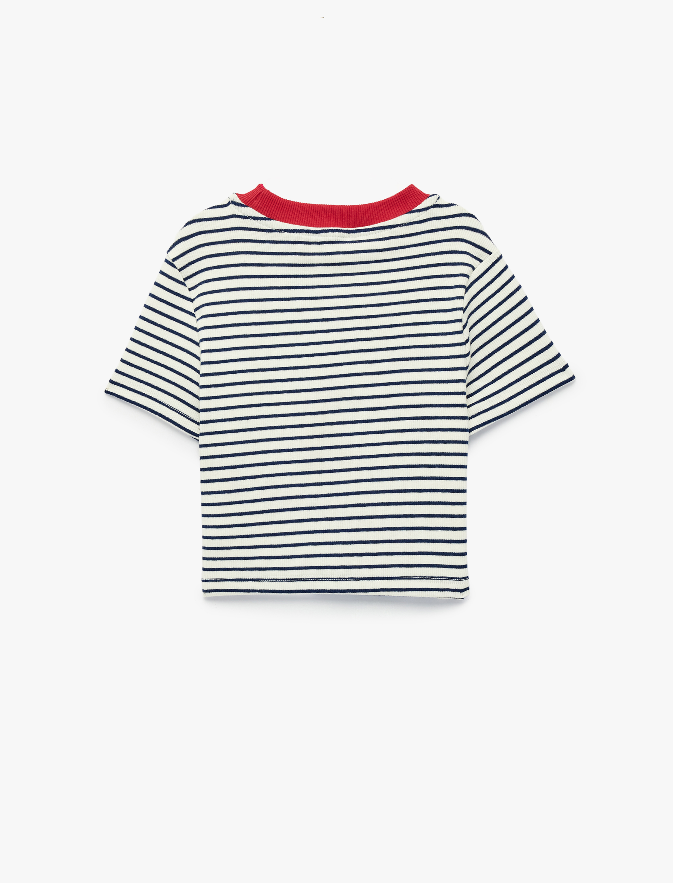  Kız Çocuk Pamuklu Kalp Nakışlı Kısa Kollu Bisiklet Yaka Çizgili Tişört