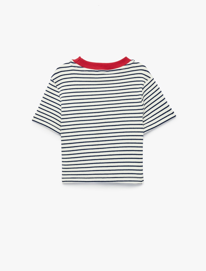 Kız Çocuk Pamuklu Kalp Nakışlı Kısa Kollu Bisiklet Yaka Çizgili Tişört