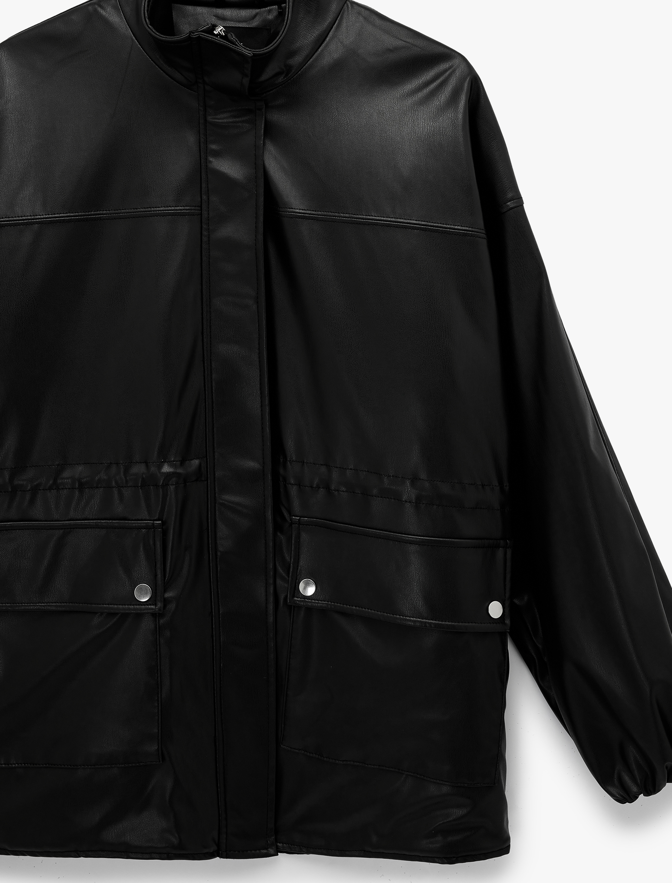   Dik Yaka Cepli Fermuarlı Büzgü Detaylı Bağcıklı Suni Deri Ceket