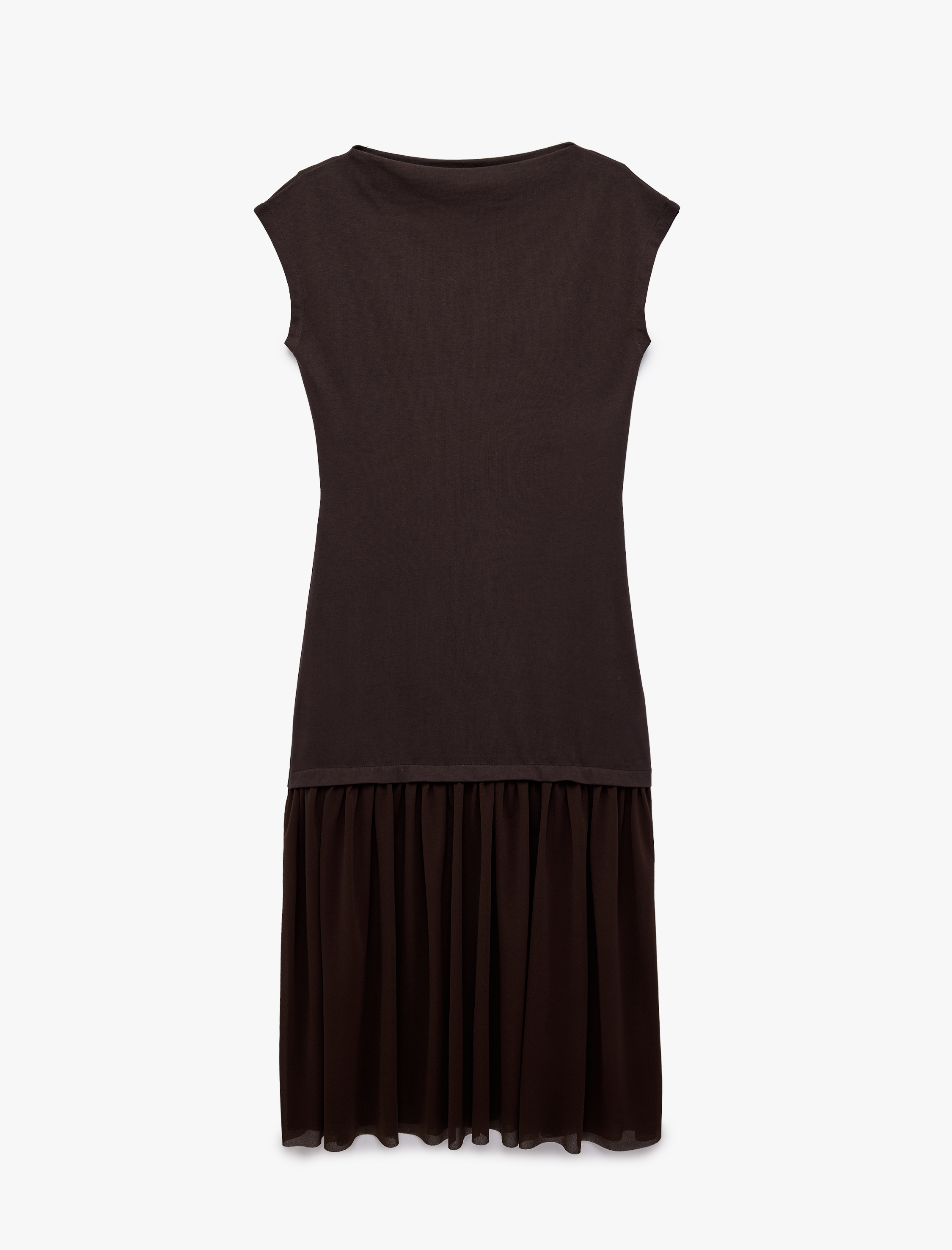   İki Farklı Kumaş Kullanımlı Tül Detaylı Kolsuz Yuvarlak Kayık Yaka Midi Elbise