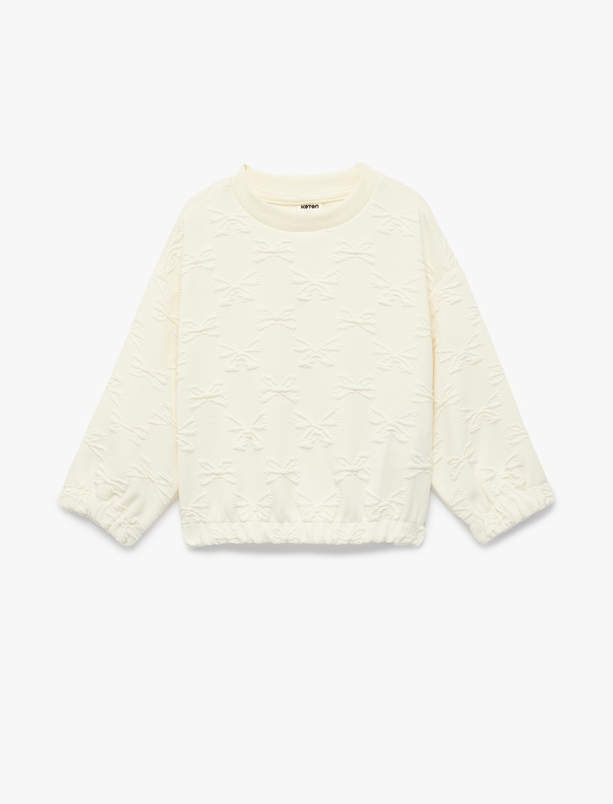 Koton Kız Bebek Uzun Kollu Bisiklet Yaka Fiyonk Detaylı Dokulu Sweatshirt