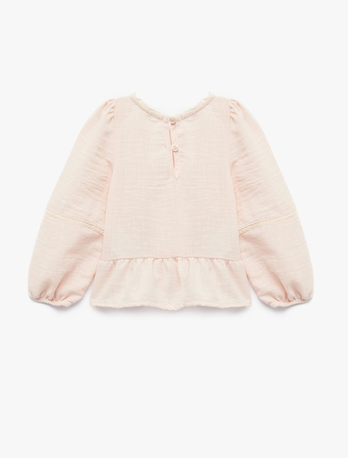 Kız Bebek Çiçek İşlemeli Kare Yaka Uzun Kollu Çizgili Bluz