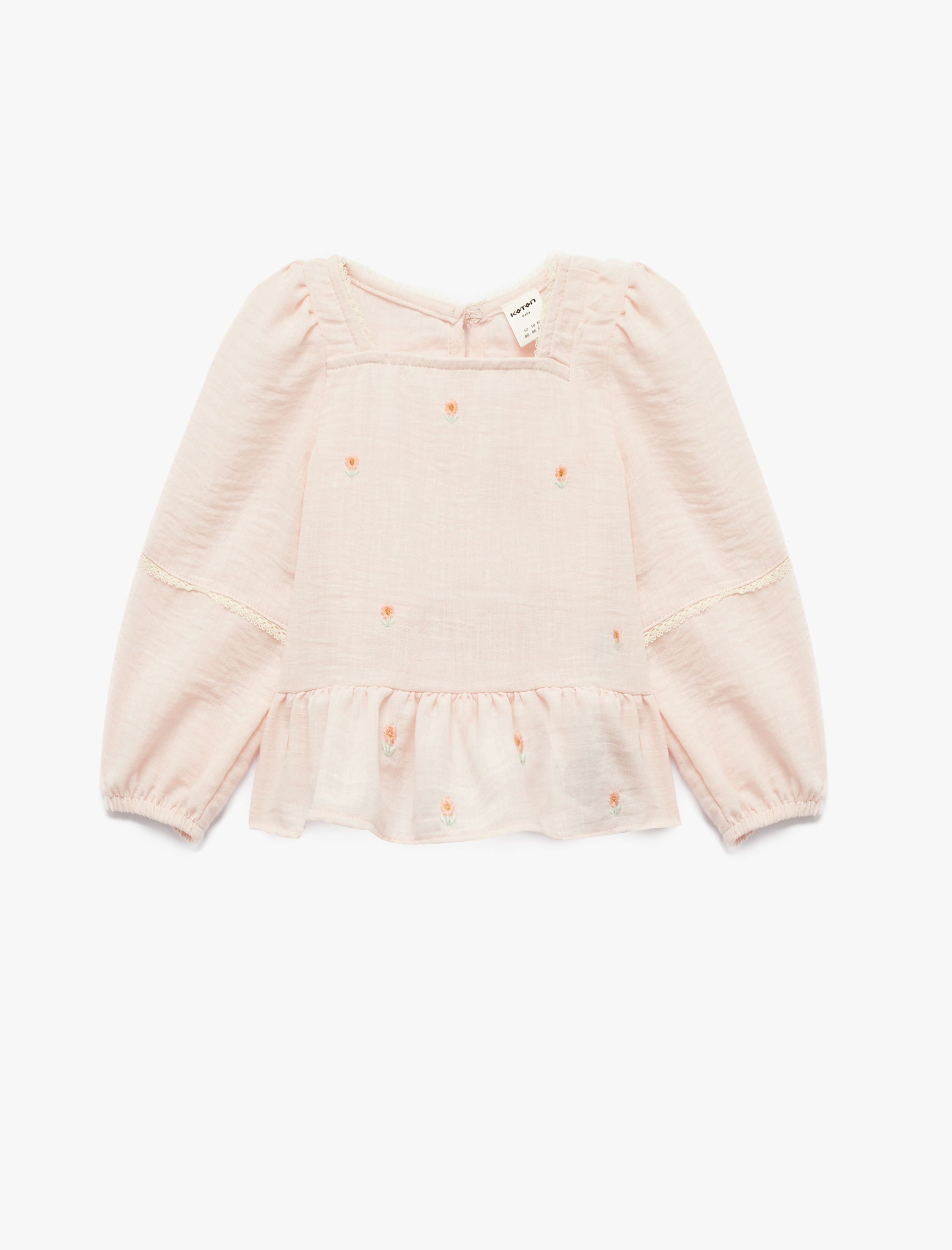  Kız Bebek Çiçek İşlemeli Kare Yaka Uzun Kollu Çizgili Bluz