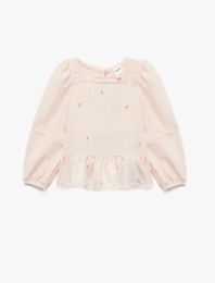 Çiçek İşlemeli Kare Yaka Uzun Kollu Çizgili Bluz