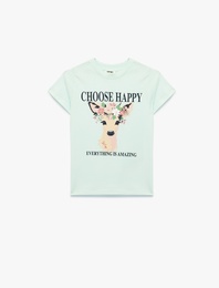 Baskılı Kısa Kollu Bisiklet Yaka Pamuklu Tişört