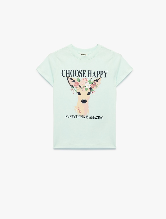 Kız Çocuk Baskılı Kısa Kollu Bisiklet Yaka Pamuklu Tişört