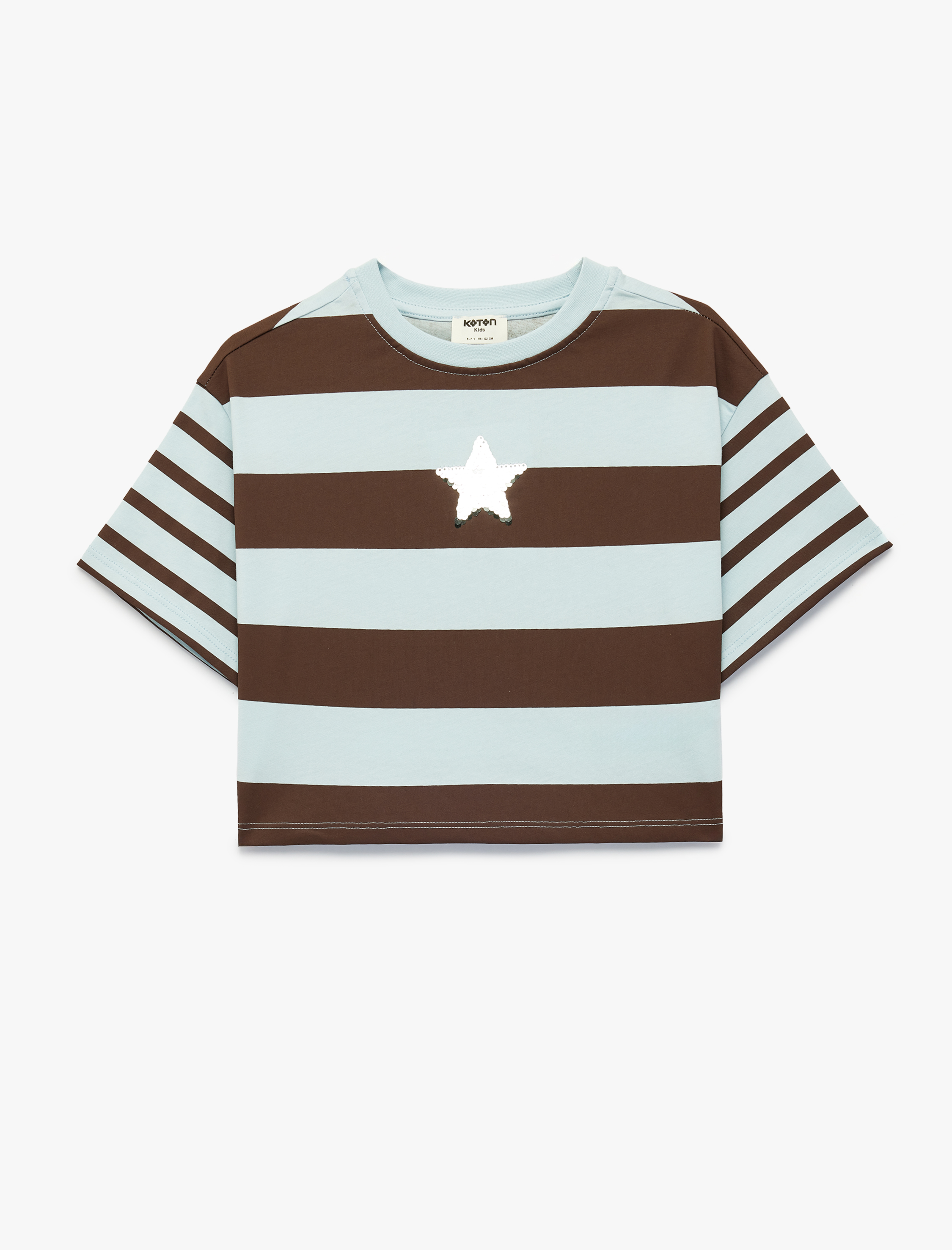  Kız Çocuk Kısa Kollu Bisiklet Yaka Pullu Payetli Yıldız Detaylı Pamuklu Çizgili Tişört