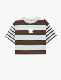 Kısa Kollu Bisiklet Yaka Pullu Payetli Yıldız Detaylı Pamuklu Çizgili Tişört