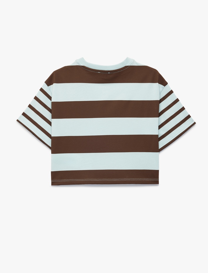 Kız Çocuk Kısa Kollu Bisiklet Yaka Pullu Payetli Yıldız Detaylı Pamuklu Çizgili Tişört