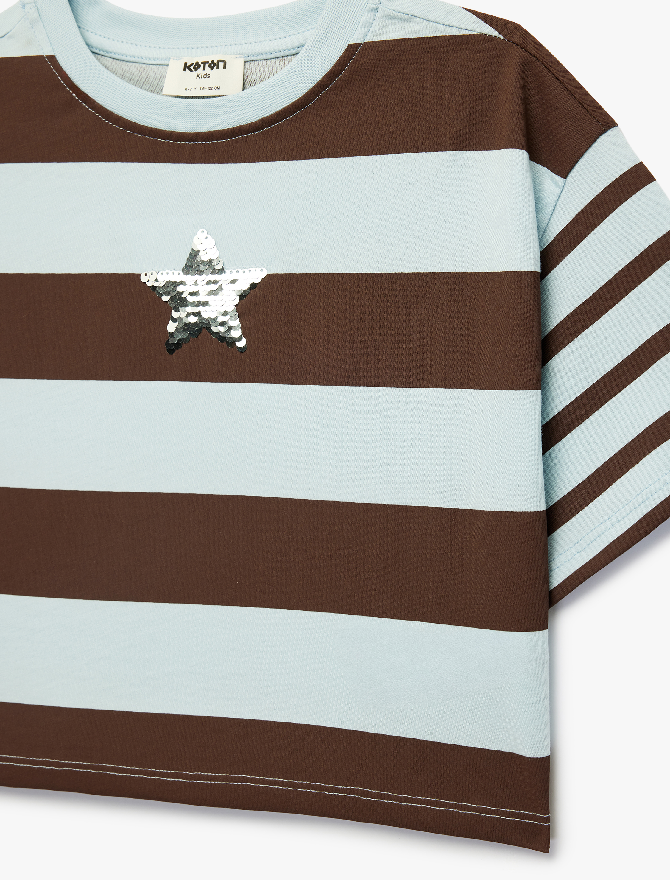  Kız Çocuk Kısa Kollu Bisiklet Yaka Pullu Payetli Yıldız Detaylı Pamuklu Çizgili Tişört