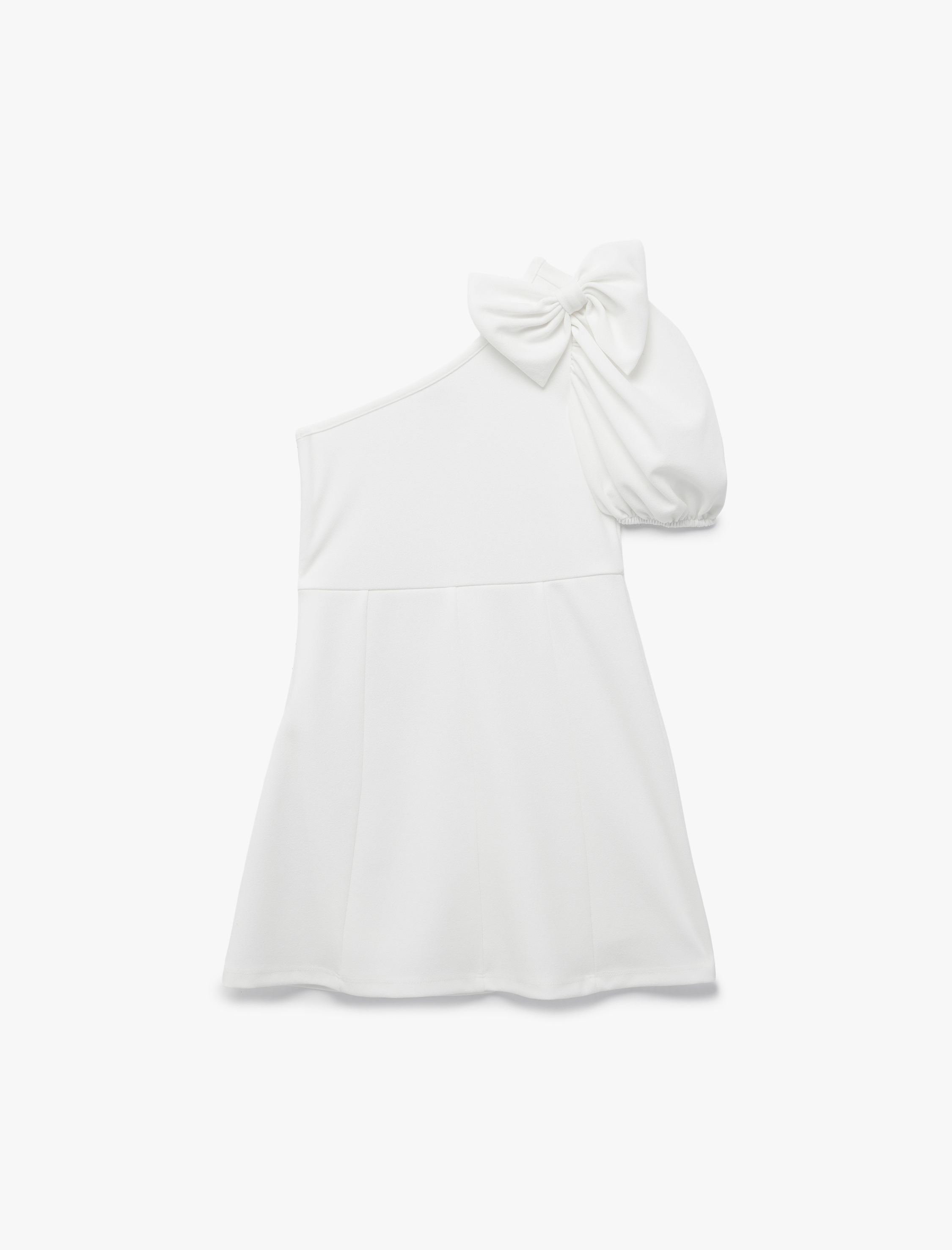  Kız Çocuk Fiyonk Detaylı Karpuz Kollu Tek Omuz Elbise