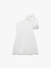 Fiyonk Detaylı Karpuz Kollu Tek Omuz Elbise