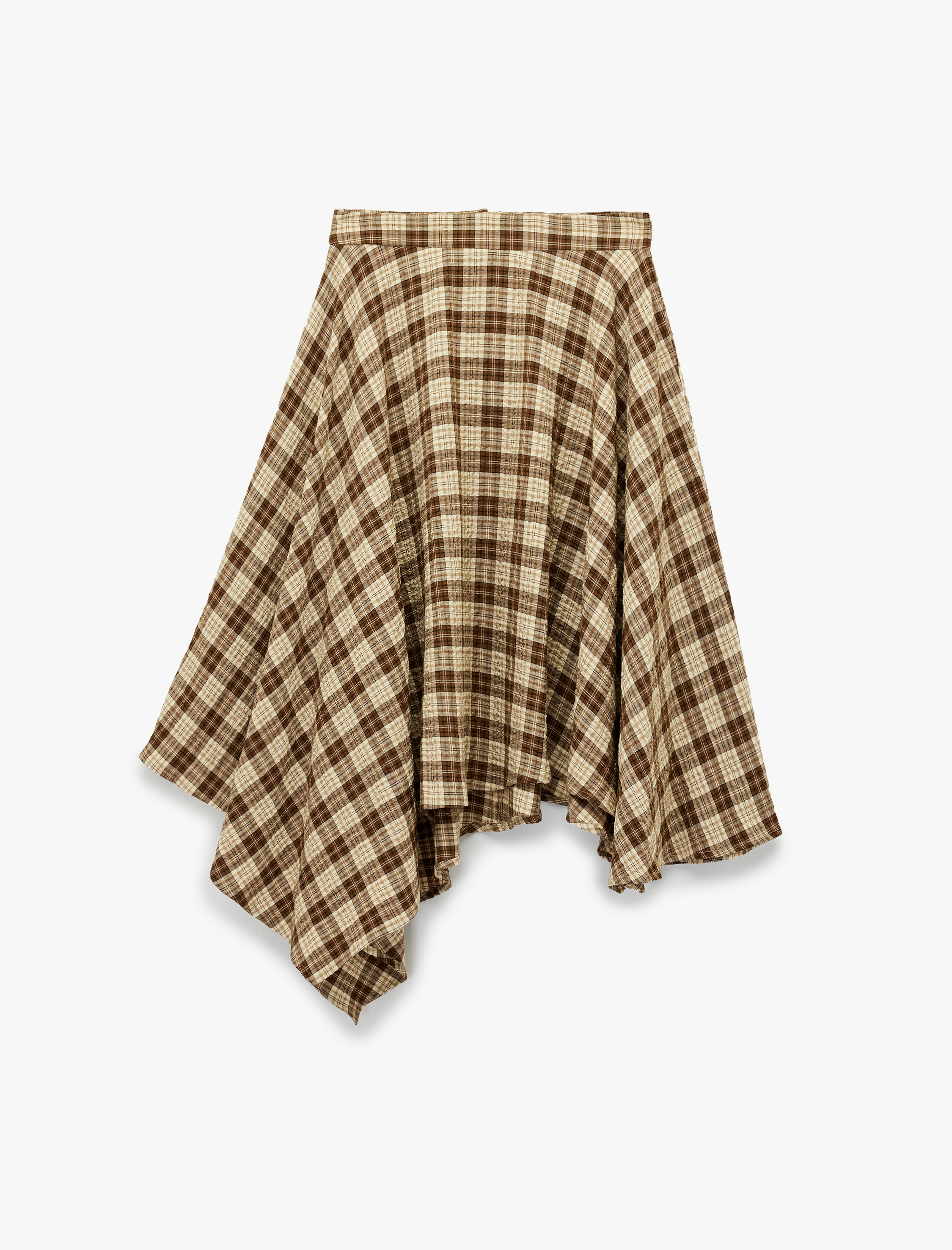   Rahat Kalıp Normal Bel Viskon Karışımlı Ekoseli Midi Asimetrik Etek