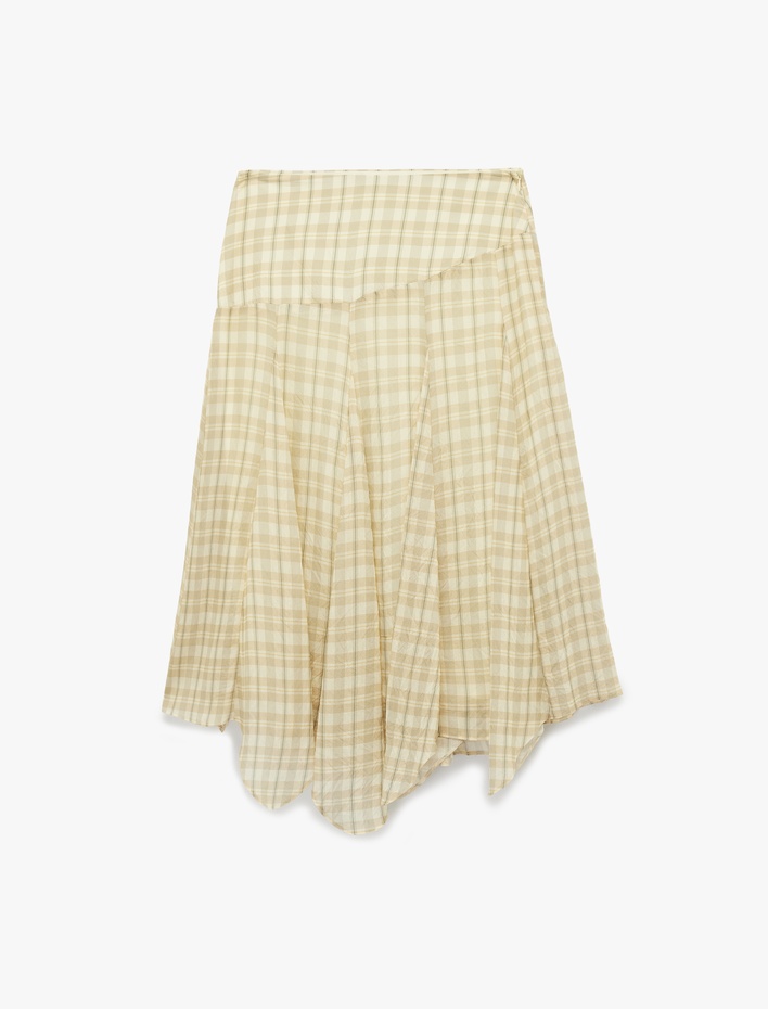  Rahat Kalıp Normal Bel Asimetrik Kesim Viskon Karışımlı Midi Ekoseli Etek