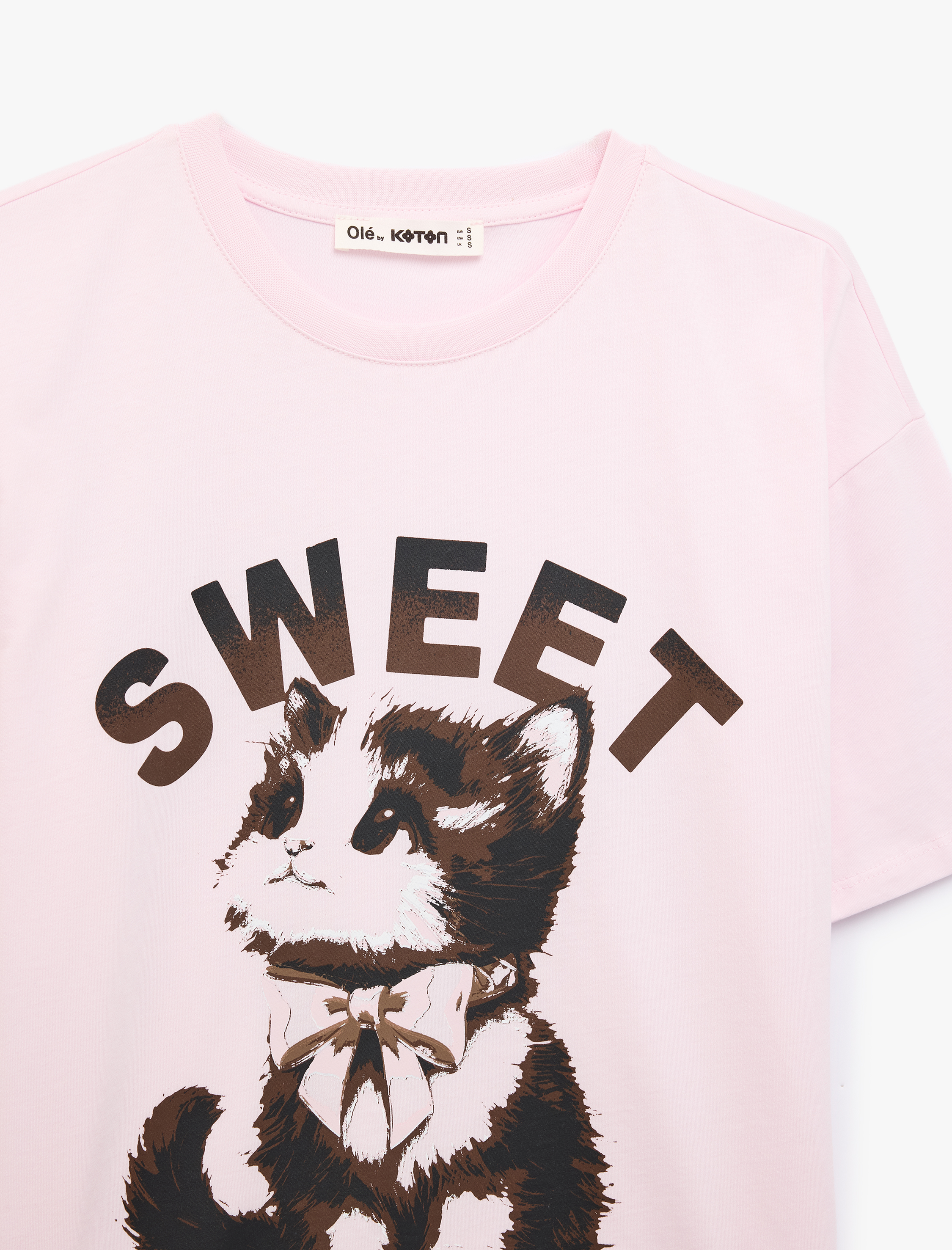   Rahat Kalıp Kısa Kollu Bisiklet Yaka Pamuklu Kedi Baskılı Tişört