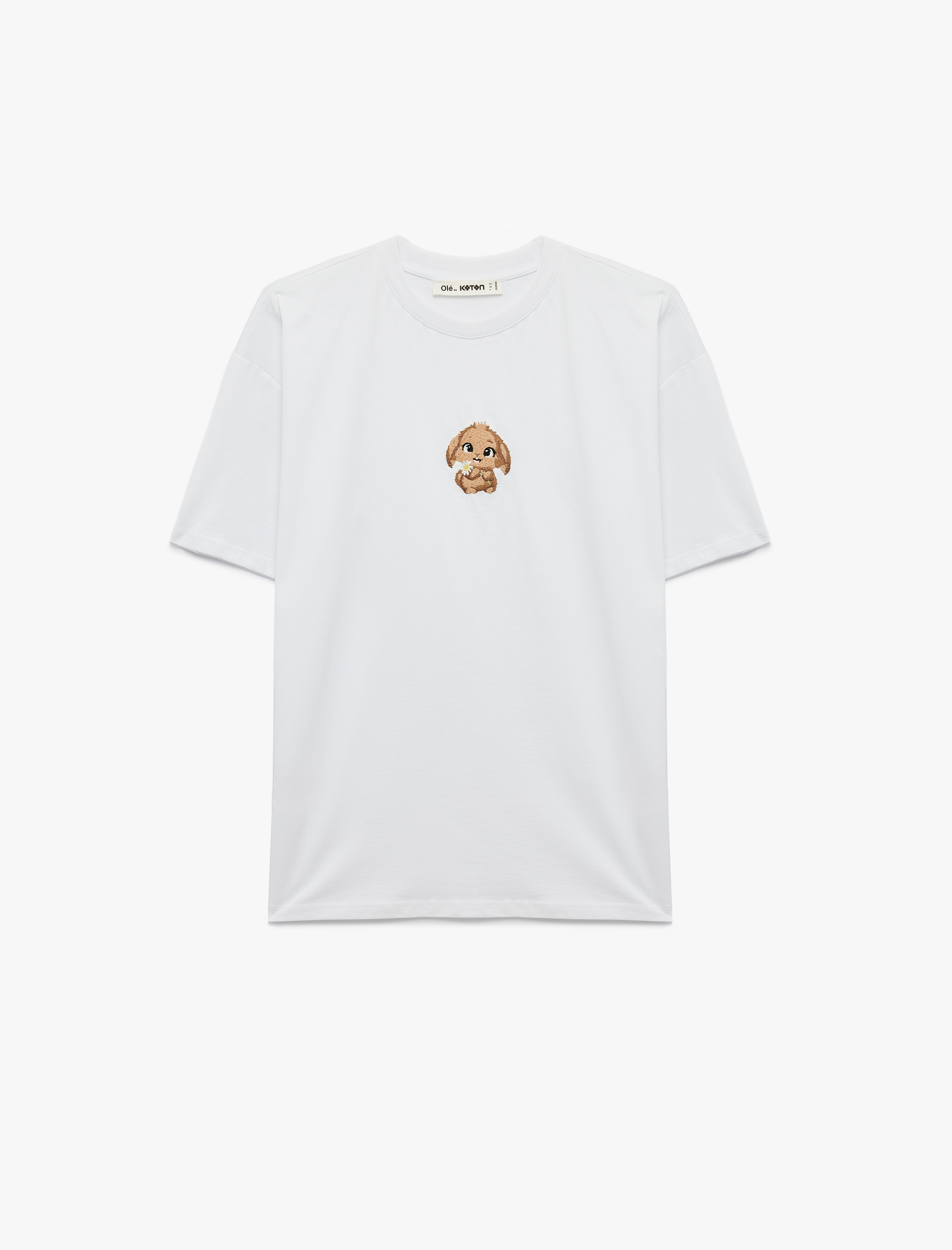   Rahat Kalıp Kısa Kollu Bisiklet Yaka Pamuklu Köpek Nakışlı Tişört