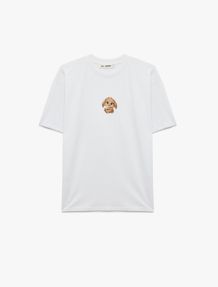  Rahat Kalıp Kısa Kollu Bisiklet Yaka Pamuklu Köpek Nakışlı Tişört