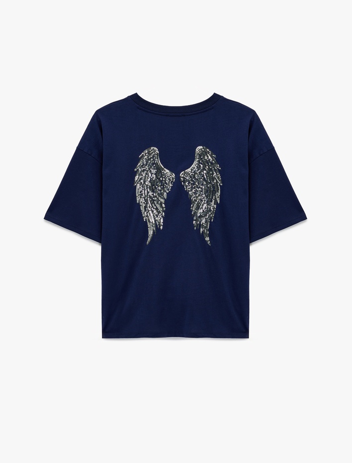  Rahat Kalıp Kısa Kollu Bisiklet Yaka Arkası Taş Detaylı Tişört