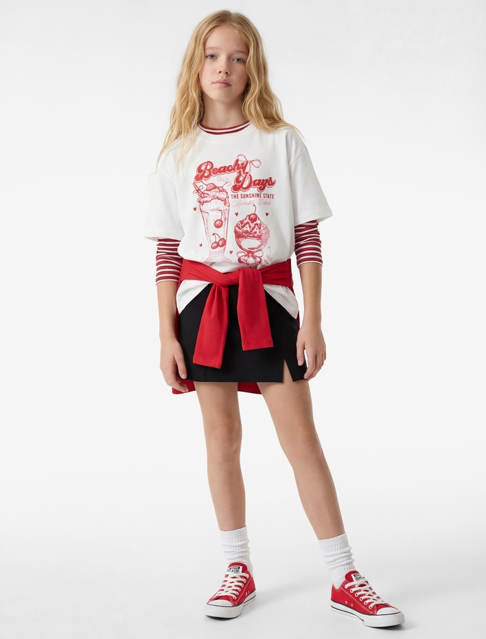 Kız Çocuk Baskılı Kısa Kollu Bisiklet Yaka Pamuklu Tişört