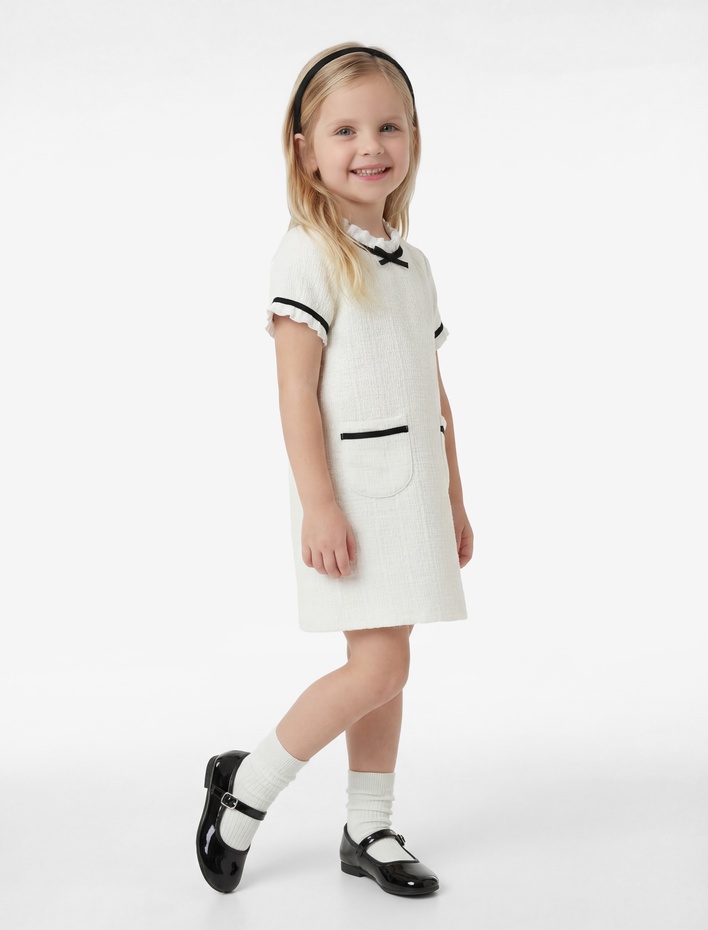 Kız Bebek Kısa Kollu Bisiklet Yaka A Kesim Cepli Fiyonklu Elbise